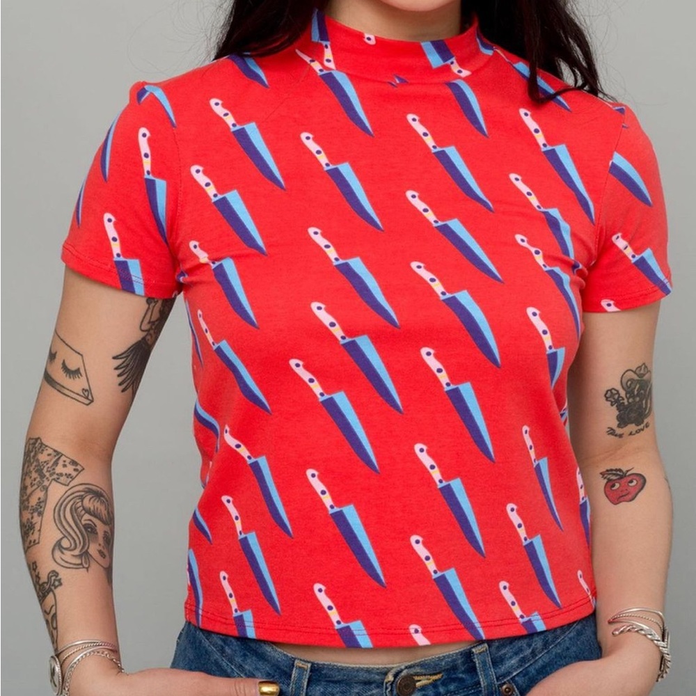 Nooworks “Red Knives” mock neck top